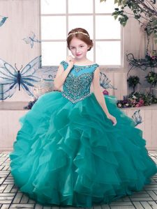 Custom Design Teal Ball Gowns Organza Scoop Sleeveless Beading and Ruffles Floor Length Zipper Child Pageant Dress
