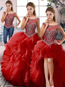 Best Selling Red Three Pieces Beading and Ruffles Quinceanera Gowns Zipper Organza Sleeveless Floor Length