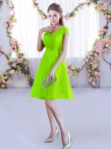 Lace V-neck Cap Sleeves Lace Up Lace Dama Dress in Yellow Green