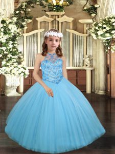 Aqua Blue Ball Gowns Tulle Scoop Sleeveless Beading Floor Length Lace Up Kids Pageant Dress