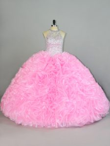 Inexpensive Floor Length Lace Up 15 Quinceanera Dress Baby Pink for Sweet 16 and Quinceanera with Beading and Ruffles