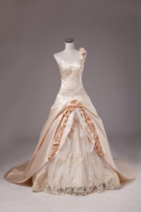 Adorable Champagne Sleeveless Embroidery and Hand Made Flower Lace Up Quinceanera Gown