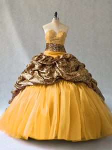 V-neck Sleeveless Brush Train Lace Up Sweet 16 Quinceanera Dress Gold Organza