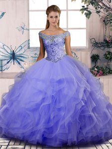 Traditional Floor Length Lavender 15th Birthday Dress Off The Shoulder Sleeveless Lace Up