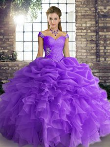 Fitting Organza Off The Shoulder Sleeveless Lace Up Beading and Ruffles and Pick Ups Quince Ball Gowns in Lavender