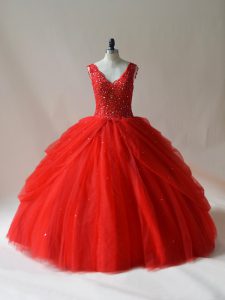Floor Length Zipper Quinceanera Gowns Red for Sweet 16 and Quinceanera with Beading