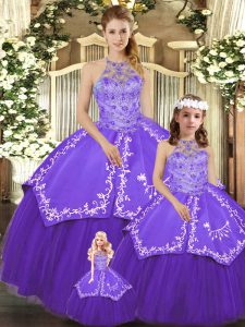Dramatic Purple Halter Top Neckline Beading and Embroidery Sweet 16 Quinceanera Dress Sleeveless Lace Up