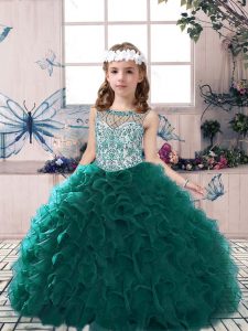 New Style Organza Scoop Sleeveless Lace Up Beading and Ruffles Child Pageant Dress in Peacock Green