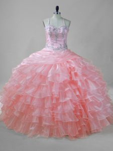 Superior Sleeveless Organza Floor Length Lace Up Quinceanera Dress in Pink with Beading and Ruffled Layers