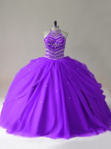 Clearance Beading Sweet 16 Dress Purple Lace Up Sleeveless Floor Length
