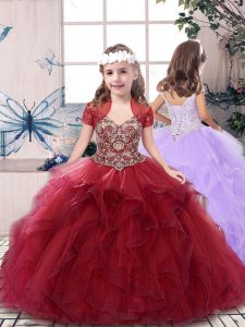 Red Straps Neckline Beading Child Pageant Dress Sleeveless Lace Up