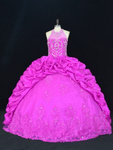 Sleeveless Taffeta Floor Length Lace Up Ball Gown Prom Dress in Fuchsia with Beading and Appliques and Pick Ups