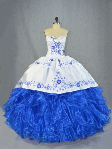Noble Blue And White Sweetheart Lace Up Beading and Embroidery and Ruffles Quinceanera Gowns Brush Train Sleeveless