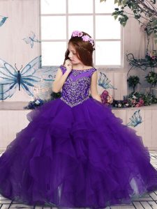 Sleeveless Floor Length Beading and Ruffles Zipper Little Girls Pageant Dress Wholesale with Purple