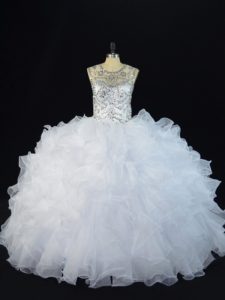 White Ball Gowns Scoop Sleeveless Organza Floor Length Lace Up Beading and Ruffles Sweet 16 Dresses