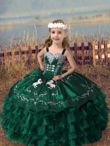 Dark Green Sleeveless Embroidery and Ruffled Layers Floor Length Little Girl Pageant Gowns