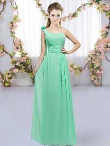 Turquoise Empire One Shoulder Sleeveless Chiffon Floor Length Lace Up Hand Made Flower Quinceanera Dama Dress