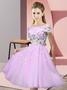Modern Lilac Off The Shoulder Lace Up Appliques Dama Dress for Quinceanera Short Sleeves
