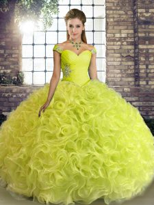 Yellow Green Fabric With Rolling Flowers Lace Up 15 Quinceanera Dress Sleeveless Floor Length Beading