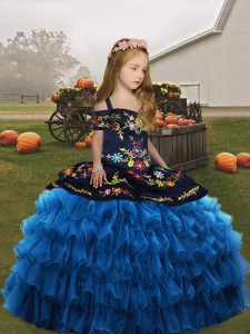 Blue Straps Neckline Embroidery and Ruffled Layers Little Girls Pageant Gowns Sleeveless Lace Up