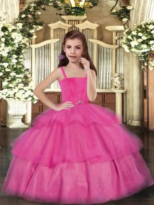 Cute Hot Pink Lace Up Pageant Dress for Teens Ruffled Layers Sleeveless Floor Length