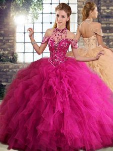 Exquisite Floor Length Fuchsia Quinceanera Gowns Tulle Sleeveless Beading and Ruffles
