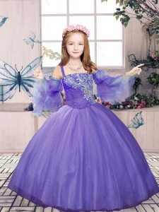 Sleeveless Lace Up Floor Length Beading Little Girl Pageant Dress