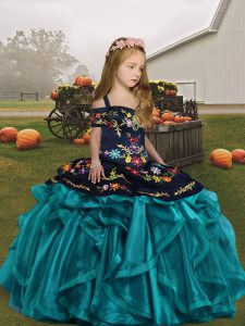 Floor Length Ball Gowns Sleeveless Teal Kids Formal Wear Lace Up