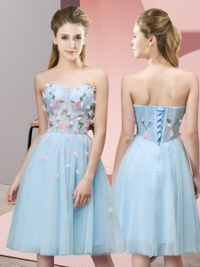 On Sale Light Blue Empire Sweetheart Sleeveless Tulle Knee Length Lace Up Appliques Court Dresses for Sweet 16