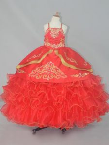Straps Sleeveless Kids Pageant Dress Floor Length Embroidery and Ruffled Layers Red Organza