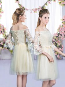 Extravagant Tulle Off The Shoulder 3 4 Length Sleeve Lace Up Lace and Bowknot Damas Dress in Champagne
