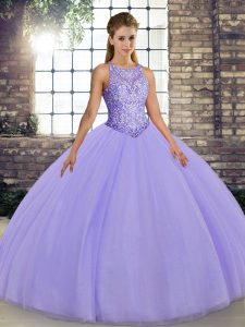 Lavender Sleeveless Floor Length Embroidery Lace Up Quince Ball Gowns