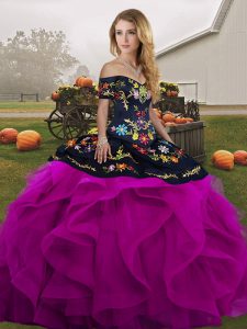 Lovely Off The Shoulder Sleeveless Tulle Quinceanera Dress Embroidery and Ruffles Lace Up