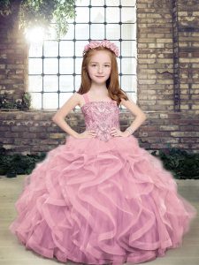 Customized Lilac Ball Gowns Tulle Straps Sleeveless Beading and Ruffles Floor Length Lace Up Little Girl Pageant Dress