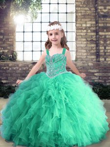 Admirable Turquoise Pageant Dress Wholesale Party and Wedding Party with Beading and Ruffles Straps Sleeveless Lace Up