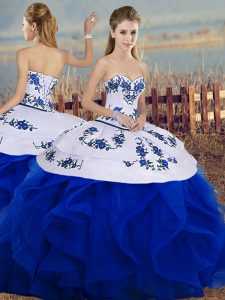 Classical Tulle Sleeveless Floor Length Sweet 16 Quinceanera Dress and Embroidery and Ruffles and Bowknot