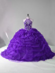 Classical Purple 15th Birthday Dress Sweet 16 and Quinceanera with Beading and Pick Ups Strapless Sleeveless Court Train Lace Up