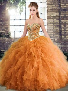 Tulle Sweetheart Sleeveless Lace Up Beading and Ruffles Vestidos de Quinceanera in Orange