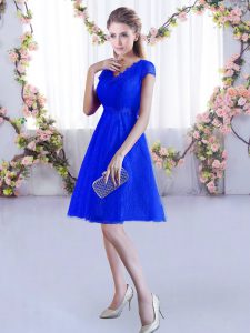 Royal Blue Quinceanera Court of Honor Dress Wedding Party with Lace V-neck Cap Sleeves Lace Up