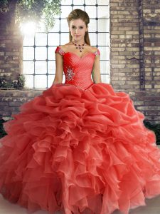 Floor Length Lace Up Quinceanera Gowns Orange Red for Military Ball and Sweet 16 and Quinceanera with Beading and Ruffles and Pick Ups