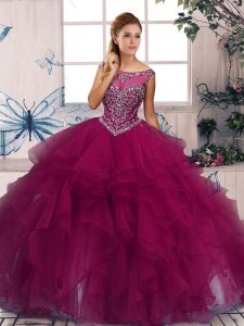 Wonderful Scoop Sleeveless Sweet 16 Dresses Floor Length Beading and Ruffles Fuchsia Organza