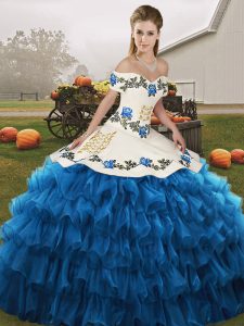Fitting Blue And White Ball Gowns Off The Shoulder Sleeveless Organza Floor Length Lace Up Embroidery and Ruffled Layers Quinceanera Gowns
