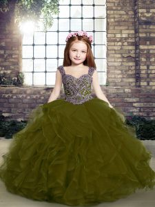 Straps Sleeveless Lace Up Little Girls Pageant Gowns Olive Green Tulle