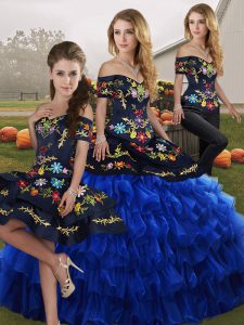 Blue And Black Off The Shoulder Neckline Embroidery and Ruffled Layers Quinceanera Dress Sleeveless Lace Up