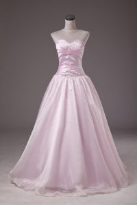 Baby Pink Ball Gowns Organza Sweetheart Sleeveless Beading Floor Length Lace Up Quinceanera Gown