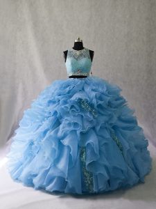 Sleeveless Organza Brush Train Zipper Quinceanera Gown in Blue with Beading and Ruffles