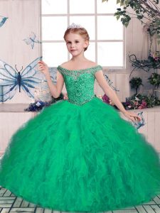 Green Ball Gowns Beading Pageant Dress Wholesale Lace Up Tulle Sleeveless Floor Length