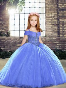 Attractive Blue Ball Gowns Tulle Straps Sleeveless Beading Lace Up Pageant Gowns For Girls Brush Train
