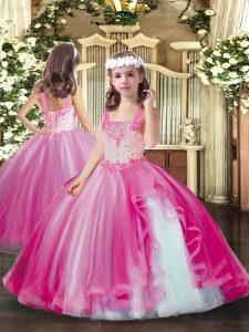 Sleeveless Floor Length Beading Lace Up Little Girl Pageant Dress with Hot Pink
