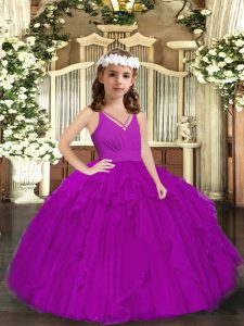 Purple Sleeveless Tulle Zipper Pageant Gowns For Girls for Party and Wedding Party